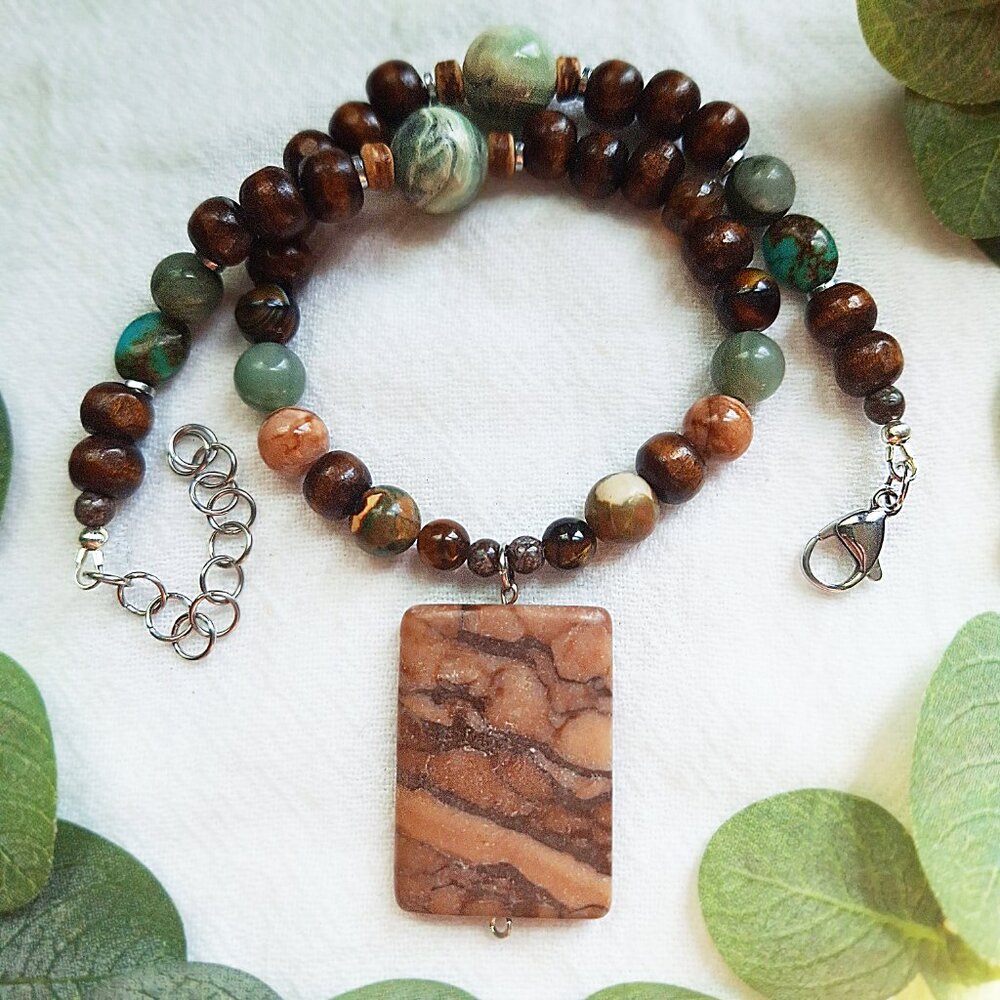 Goblincore Pendant Choker, Jasper & Agate Beaded Chunky Necklace, Boho Statement